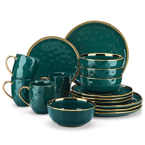 LOVECASA Tafelservice Set, Serie Apollo, 16-teilig SWEET Geschirrset aus Steinzeug, Dunkelgrün Geschirr mit Goldrand, Kombiservice für 4 Personen mit Speiseteller, Dessertteller, Schalen und Tassen