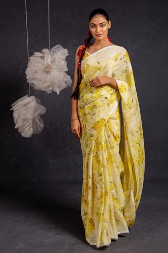 Image of MIRCHI FASHION Saree for Woman Georgette Floral and Leaf Printed | Elegant Farewell and Ceremonial Women's Sari with Blouse Piece