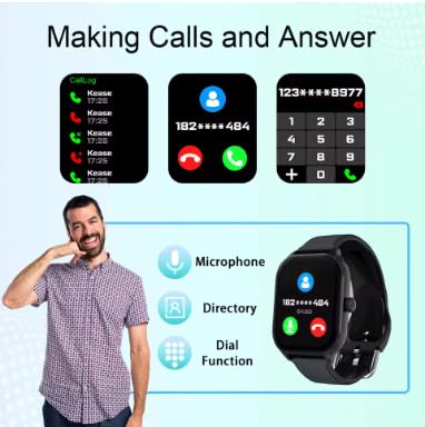The H9 Pro Max Smartwatch screen showing call logs, an incoming call interface, and a dial pad. A person is shown making a call using the watch. Icons for Microphone, Directory, and Dial Function are also visible.