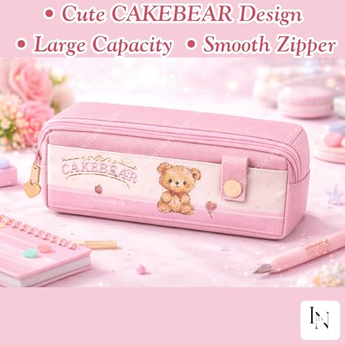 Image of Large Capacity Pencil Pouch Aesthetic Pencil Bag Multiple Compartments Girl Cute Stationery School College Pouch Travel Pouch for Girls Kids School Accessories (Pink Cakebear)