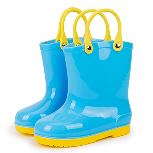 Sonsage Toddler Boys Girls Rain Boots Little Kids Easy-On Handles Blue Rainboots Unisex-Child Waterproof Lightweight Cute Printed Rubber Outdoor Rain Shoes 12 Size #TOP11