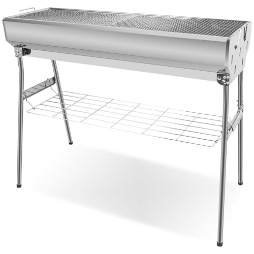 Guogiyala Portable Charcoal Grill, Foldable Stainless Steel Grill with Storage Shelf and non-slip feet - ideal for outdoor Kabob cooking, picnics and camping (lager)