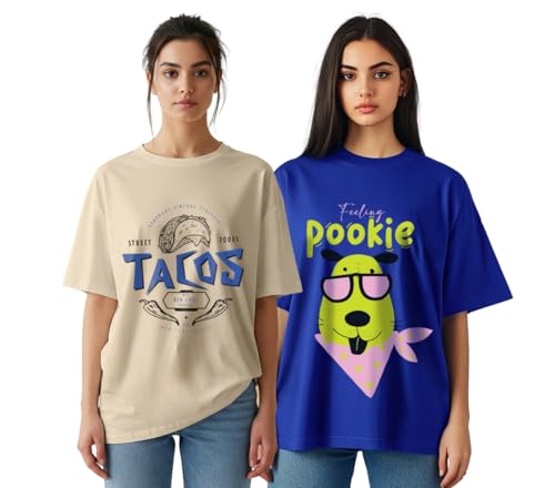 Image of JUNEBERRY 100% Pure Cotton, Pack of 2,Round Neck, Oversized Loose,Drop Shoulder,Graphic Printed, Half Sleeve T-Shirts for Women & Girls, in Different Colors, with Sizes Range from S to 2XL.