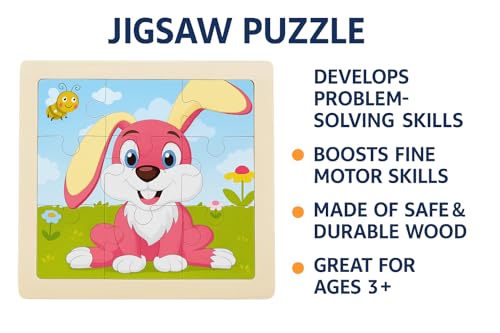 Image of FUN4YOU Wooden Animal Puzzle for Kids - 4 Pack Cartoon Jigsaw Puzzles | Cow, Rabbit, Elephant & Panda | Educational Montessori Learning Toy for Toddlers | Brain Development & Fun Activity Game