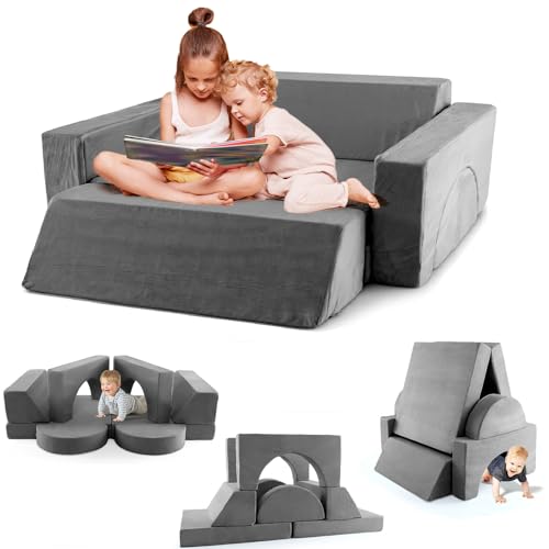 INFANS Mondular Kids Play Couch, 8PCS Toddler Sectional Sofa Building Fort for Bedroom Playroom, Imaginative Convertible Floor Cushion, Foam Set for Boys Girls (Grey)