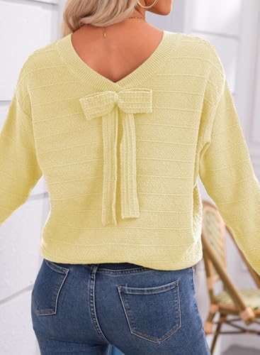 Image of EVALESS Sweaters for Women Long Sleeve Fall Outfits 2026 Back Bow Knot Sweaters Round Neck Solid Knit Pullover Tops