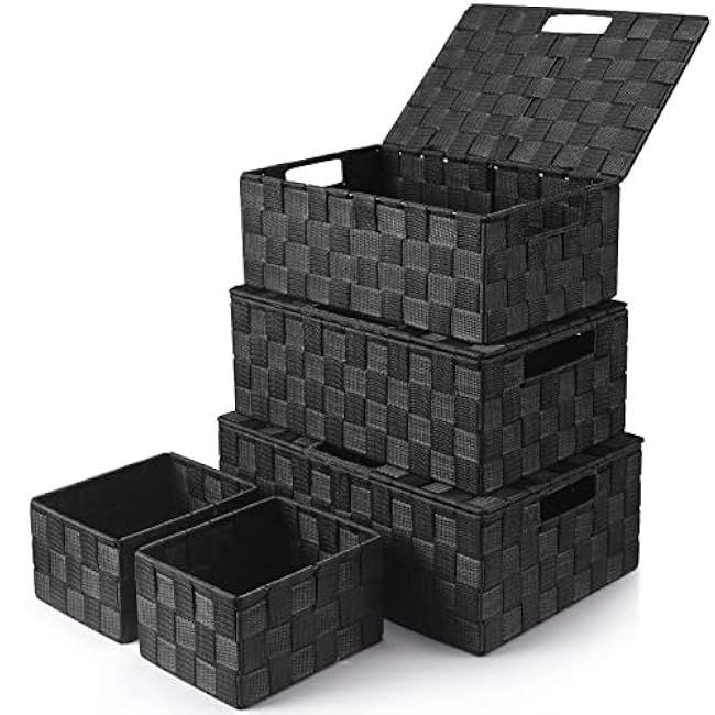 Storage Bins Baskets for Organizing with Lids, Storage Baskets for Shelves Stackable Woven Basket, Gift Small Basket Storage Cubes, Decorative Wicker Basket with Built-in Handles (5 Pack, Black)