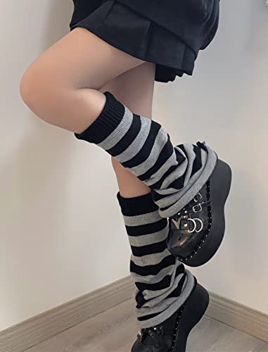 Uraweso Women 80S Ribbed Knitted Leg Warmers Harajuku Gothic Cosplay Black And Gray Striped Leg Sleeve #TOP2