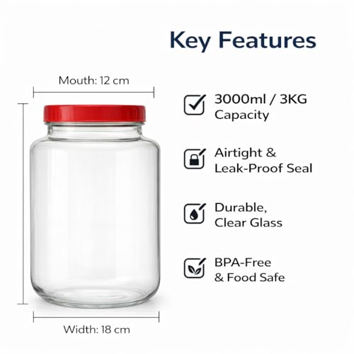 Image of 3000ml (3KG) Glass Storage Jar Pack of 2 with Airtight Red Lid - Large Kitchen Containers for Rice, Atta, Dal & Dry Fruits - Heavy Duty Transparent Glass