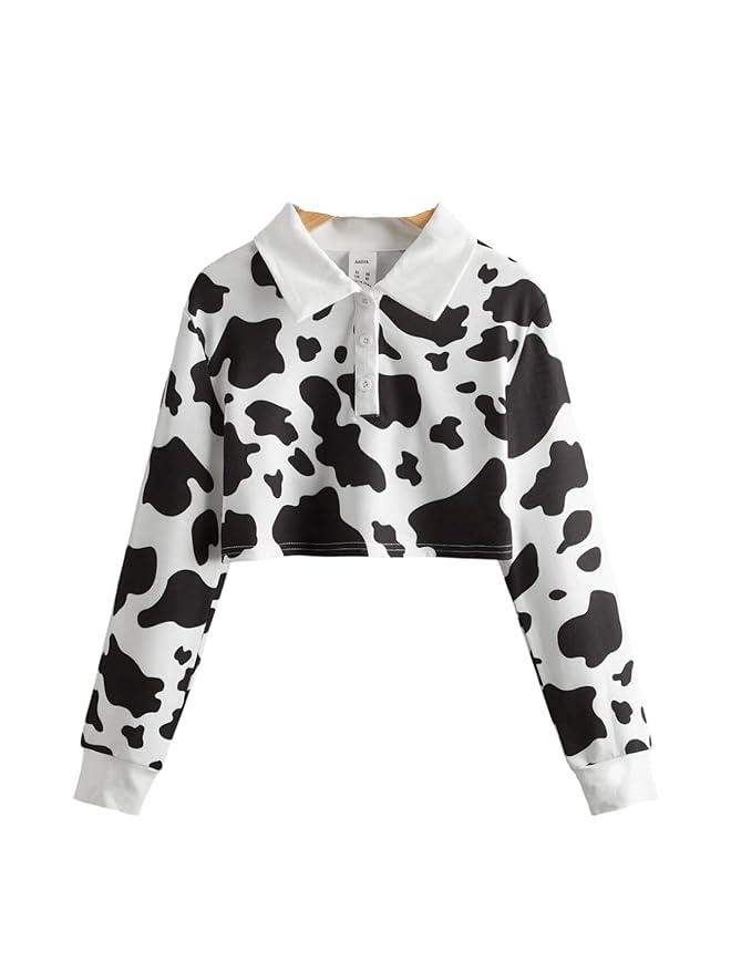 aaryainnl Women’s Crop Cow Print Polo Shirt | Black & White Long Sleeve Cotton Blend Casual Crop Top with Collar for Girls-picture-43