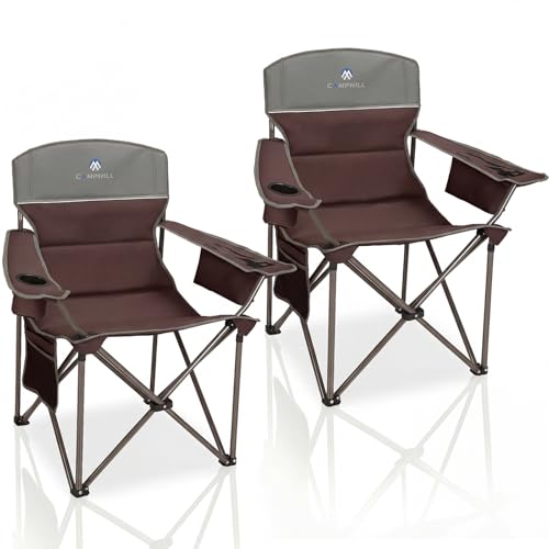 Oversized Camping Chairs 2 Pack - Heavy Duty 400LBS Padded Lawn Chair with Cooler Bag,Cup Holder,Side Pocket,Collapsible for Outdoor,Camp,Fishing & Garden,Maroon by CAMPHILL - Used condition - CA$91.15
