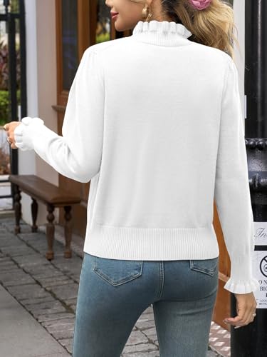 Image of Womens Ruffle Mock Neck Sweater Puff Long Sleeve Fall Trendy Pullover Tops | Fall Winter Clothes, Soft, Business Casual Outfits, Trendy Fashion, Knitted Shirts