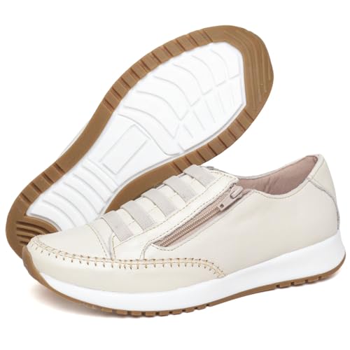 Tênis Feminino Estilo Jogger Calce Facil Em Couro Legítimo (Bege, BR, Adulto, Numérico, 33)