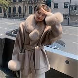 Damski elegancki kołnierz wełniany płaszcz z paskiem solidny gruby ciepły długi damski koronkowy płaszcz kawowy S
