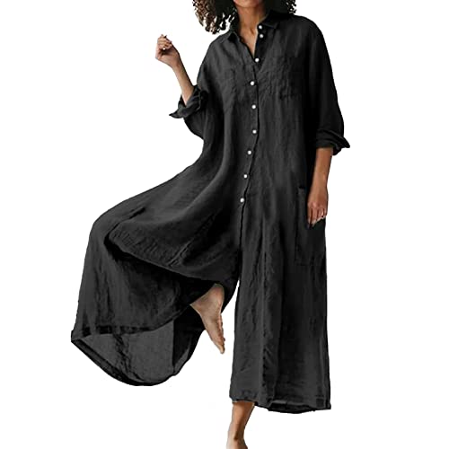Traje de pantalón para mujer, con solapa, mono de lino, elegante, monocolor, con botón, para verano, talla grande, holgado, pierna ancha, mameluco, X03-negro, L
