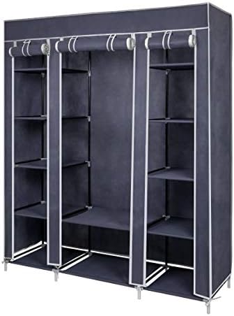 Meerveil Canvas Wardrobe for Bedroom, Fabric Portable Closet Hanging Rail Storage Shelves, Large Clothes Storage, Storage Organiser, Grey and Blue