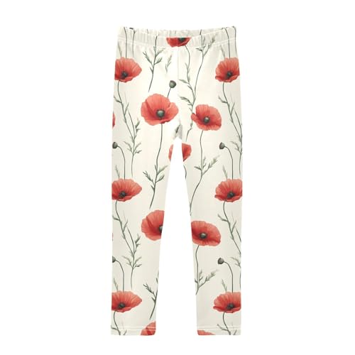 Girls Leggings Poppy Flower Leaves Soft Toddler Leggings for Girls Kids Pants Size 4T-10T