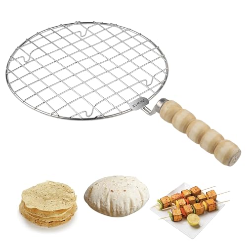 KSJONE Edelstahl-Multifunktions-Draht-Dämpfungs-Kühlen und -Backen Grillrost Runder Draht-Bräter/Papad Jali/Roti-Grill Runde Form mit Holzgriff