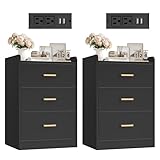 FOTOSOK Nightstands Set of 2 Black Nightstand with Charging Station, 3 Drawer Nightstand with Gold Handles, Black Side Table for Home Office