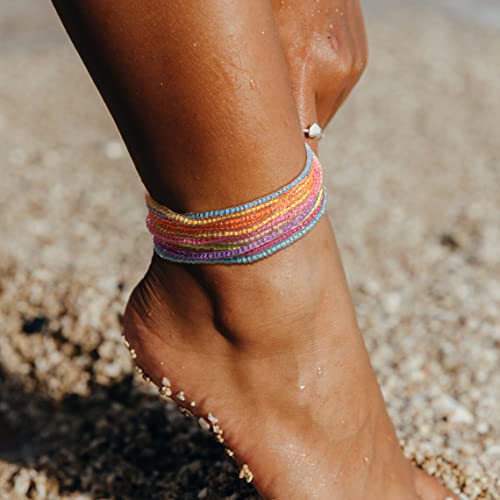 Kenivira 24Pcs Ankle Bracelets For Women Girls, Handmade Beaded Fluorescence Glow Light Up Bracelets Anklets For Women Teens,Wave Ocean Boho Colorful Beads Ankle Bracelets,Adjustable Foot Anklet #TOP7