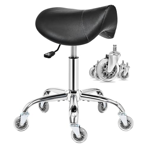 BEWISHOME Saddle Stool with Wheels, Ergonomic Contoured Seat, Thick Cushioned PU Leather Swivel Saddle Chair with Adjustable Height for All-Day Comfort, for Salon, Clinic, Studio and Home Office