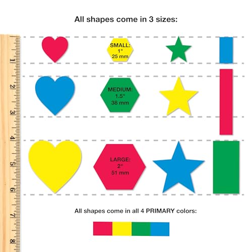 FreshCut Crafts Basic Shapes Hearts, Stars, Hexagons, Rectangles, US Made Card Stock Punch Out Geometric Shapes for Math, Pattern Play and Crafting, 696 Shapes in 3 Sizes and 4 Primary Colors