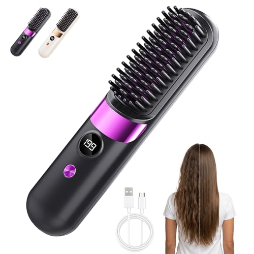 Cordless Heated Brush for Short Hair - Ceramic Ion Styling Heated Hair Brush with 4 Temperature Levels Led Screen Anti Scald Portable Hot Brush USB-C Fast Charging Travel Hair Styling Appliances