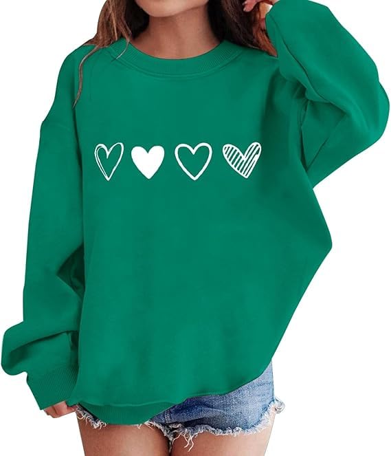 sxv style Women's Heart Print Sweatshirt, Crewneck Pullover, Casual Oversized Long Sleeve Tops, Yellow and Green-picture-19
