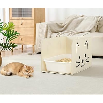 Qozary Cat Litter Box Enclosure, Waterproof Litter Box Shield for Less Mess, Keeps Litter Inside, Easy to Clean, Includes 2 Hooks