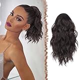FESHFEN Ponytail Extensions, Drawstring Ponytails Hair Extension Dark Brown Short Curly Wavy Hair Piece Synthetic Brown Pony Tail Hairpieces for Women, 12 inch