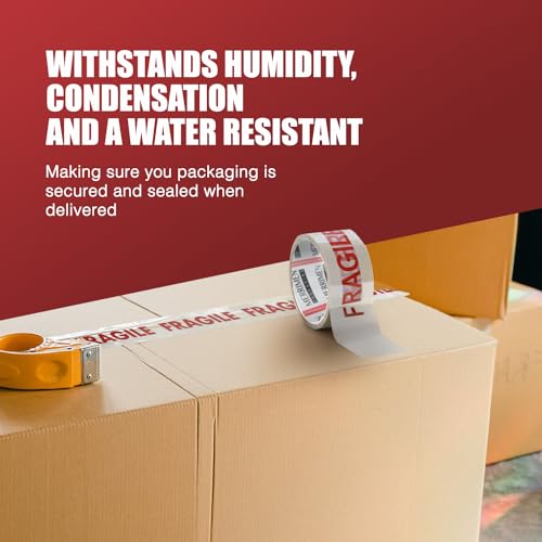 Merrimen Strong Heavy Duty Roll Pack Fragile Packaging Tape | Secure Sticky Sealing Tape for Parcel Boxes, Moving Boxes, Large Postal Bags for long term storage | (48MM x 66M) (12 rolls, Fragile)