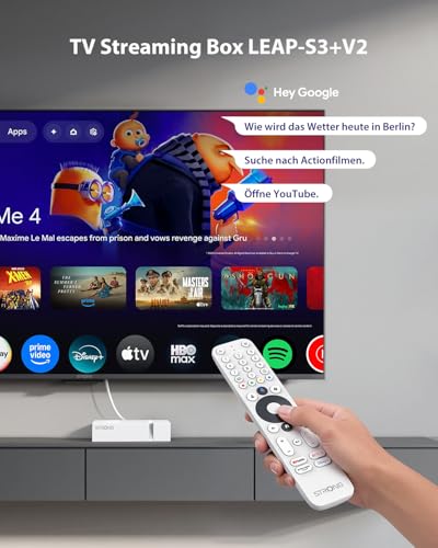 STRONG LEAP-S3+V2 Streaming Smart TV Box 4K UHD – 2 GB RAM + 16 GB Speicher, HDR10+ & Dolby Vision/Atmos, WiFi 5 & BLE 5, Ethernet-Anschluss (RJ45), Sprachassistent, Weiß