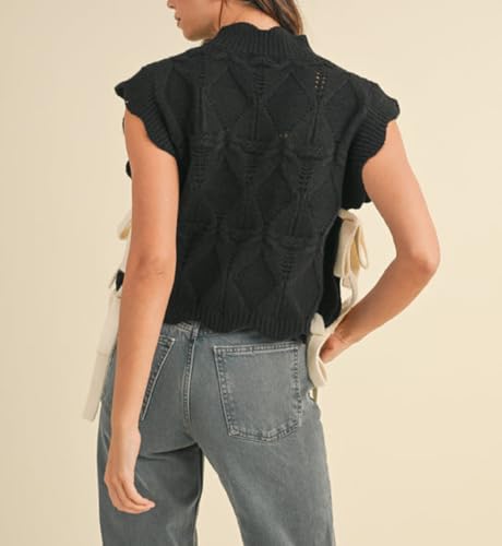 Image of Women Side Tie Sweater Vest Scallop Trim Mock Neck Knit Vest Bow Lace Up Ribbon Sweater Tank Top Knitwear