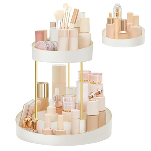 SONGMICS Makeup Organiser Rotating, Extra Top Tray Included, 2-Tier Round Skincare Organiser, Customisable, Large Capacity, Versatile for Vanity Bedroom Kitchen, White and Gold JKA027W01