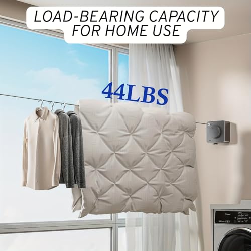 Image of HASTHIP 4.2m /13.7ft Retractable Clothesline, No Drill Stainless Steel Clothesline Laundry Dry Rope Indoor /Outdoor Wall Mounted Clothesline, One Button to Retract, Adjustable Tension