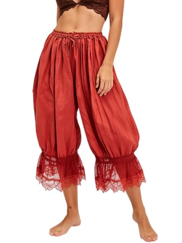 Image of UAURORAO Women Lace Trim Bloomer Pants Flowy Culottes Pantaloons Bloomers