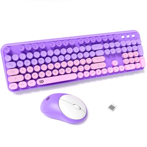 Image of FD Wireless Keyboard and Mouse Combo - 2.4G Full-Sized Cute Colorful Mouse and Keyboard with 104 Round Keys Retro Typewriter Keyboards for Laptop /Windows /PC - Purple Gradient