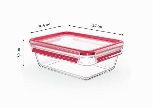 Foto von EMSA Clip & Close Glas Frischhaltedose, rechteckig, 1,3 L, 100 Prozent dicht, rutschfestes Stapeln, Glasbehälter spülmaschinen-, gefrier-, backofen-, mikrowellenfest, Rot, Transparent, N10410