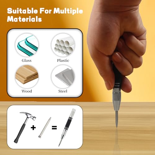 4 Stück Automatik Körner Metall, Automatik Körner mit Anreißnadel und 3 Ersatzspitzen, Körner Werkzeug Set mit Einstellbarer Einhand Federwirkung, Center Punch für Metall Holz Glas