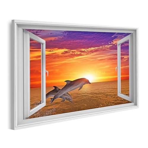 Tableau sur toile dauphins coucher du soleil pour decoration salon lumineuse