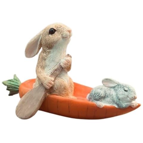 THELATIM Miniature Fairy Garden Statue Bunny Rabbits Rowing Carrot Boat Resin Mini Sculpture Tabletop Figurine Micro Landscape Ornaments Home Decor Gifts Cover
