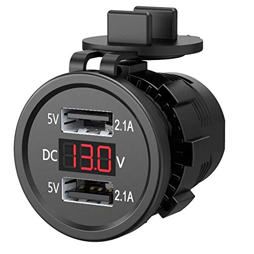 AAVBR USB Auto Netzstecker, 12V/24V Kfz Ladekabel 5V/3A Doppel- USB Ladegerät Buchse Adapter Wasserdicht Steckdose mit LED Volt Display für Auto, Motorrad, Wohnwagen, LKW - Rot Cover