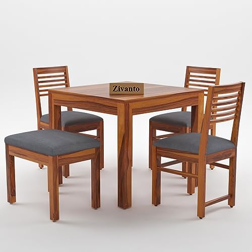 Image of Sheesham Wood Dining Table 4 Seater | Square Four Seater Dinning Table with 3 Chairs & 1 Bench for Home | Wooden Kitchen Dinner Table 4 Seater | Dining Room Sets for Restaurants | Teak Finish