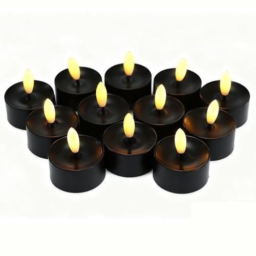 Image of CANDLE CHOICE Battery Operated Flameless Tea Lights Realistic Black Wick Bright Flickering LED Tealight Candles Wedding Table Centerpieces Halloween Christmas Decorations Batteries Incl. 12 Pack Black