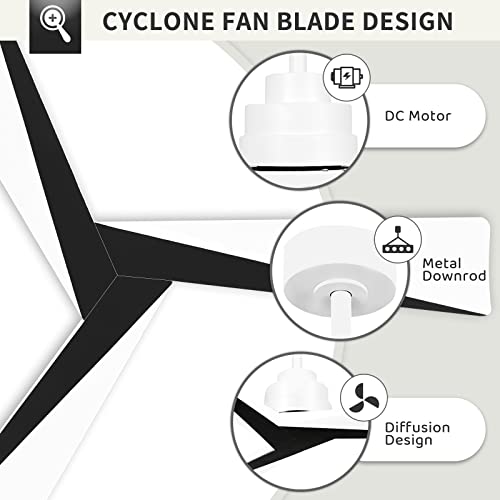 Wofifly 52" Wood Ceiling Fan No Light, Outdoor Indoor Ceiling Fans Without Light, Modern Black And White Ceiling Fans With Remote, Quiet Dc Motor 6 Speeds 8H Timer For Farmhouse Patio Yard #TOP2