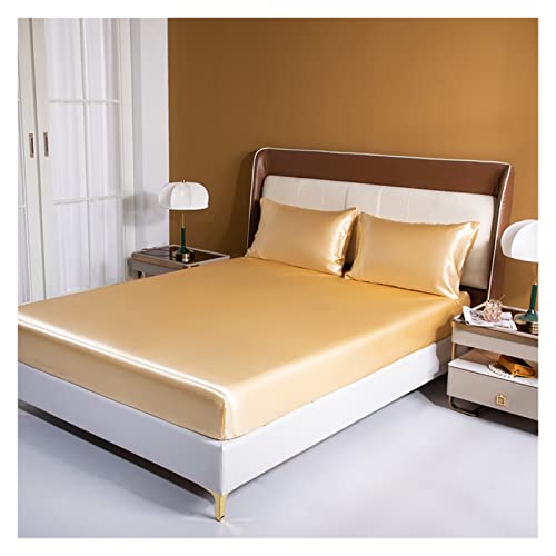 LSYHHXC Sabanas Saten Sábana Ajustable de satén Lujo Funda colchón Individual Doble tamaño Queen con Banda elástica Color sólido(Mi Huang,180x200x25cm)