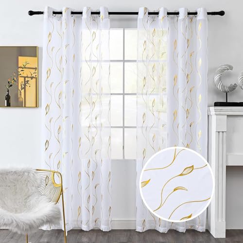 Gold Foil Print Voile Sheer Curtains,Wicker Grommet Top Window Drapes 90 Inches Long, Luxury Metallic Bronzing Treatment Panels for Home Window Decoration, 2 Panels