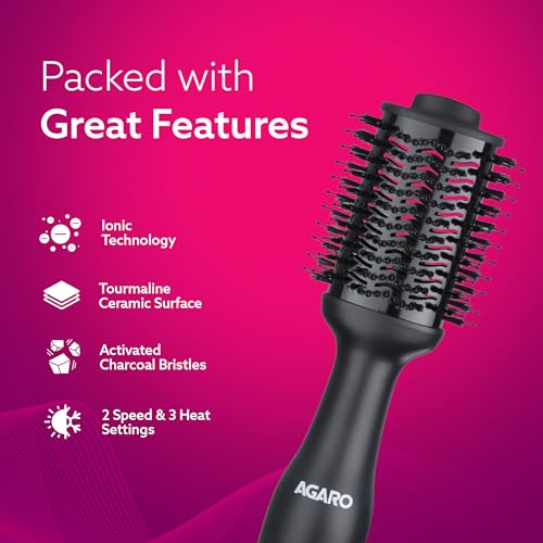 AGARO HV2179 Hot Air Brush for Hair, Blow Dryer Brush, Volumizer & Styler, 360° Airflow Vent, Oval Barrel for Hair Volume, Charcoal Bristles, Ceramic Tourmaline Coating Brushing Head, 1200W, Black