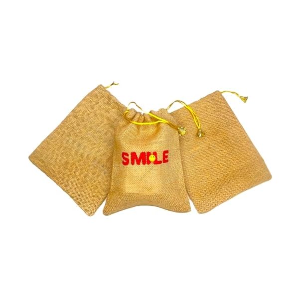 Rangarang Creations Handcrafted Smile design jute potli bag for return gift, jute potli for women, jute linen pouches for diwali, gift bag for return gift, Jute bag, pack of 1 (23 * 18) cm - Image 6