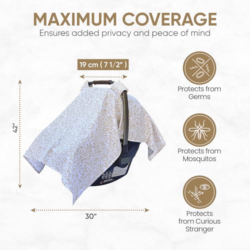 MOZAH Baby Car Seat Cover - Beige Leaves - 100% Organic Muslin - Soft, Breathable and Lightweight, Baby Infant Car Seat Essentials - Thumbnail 3